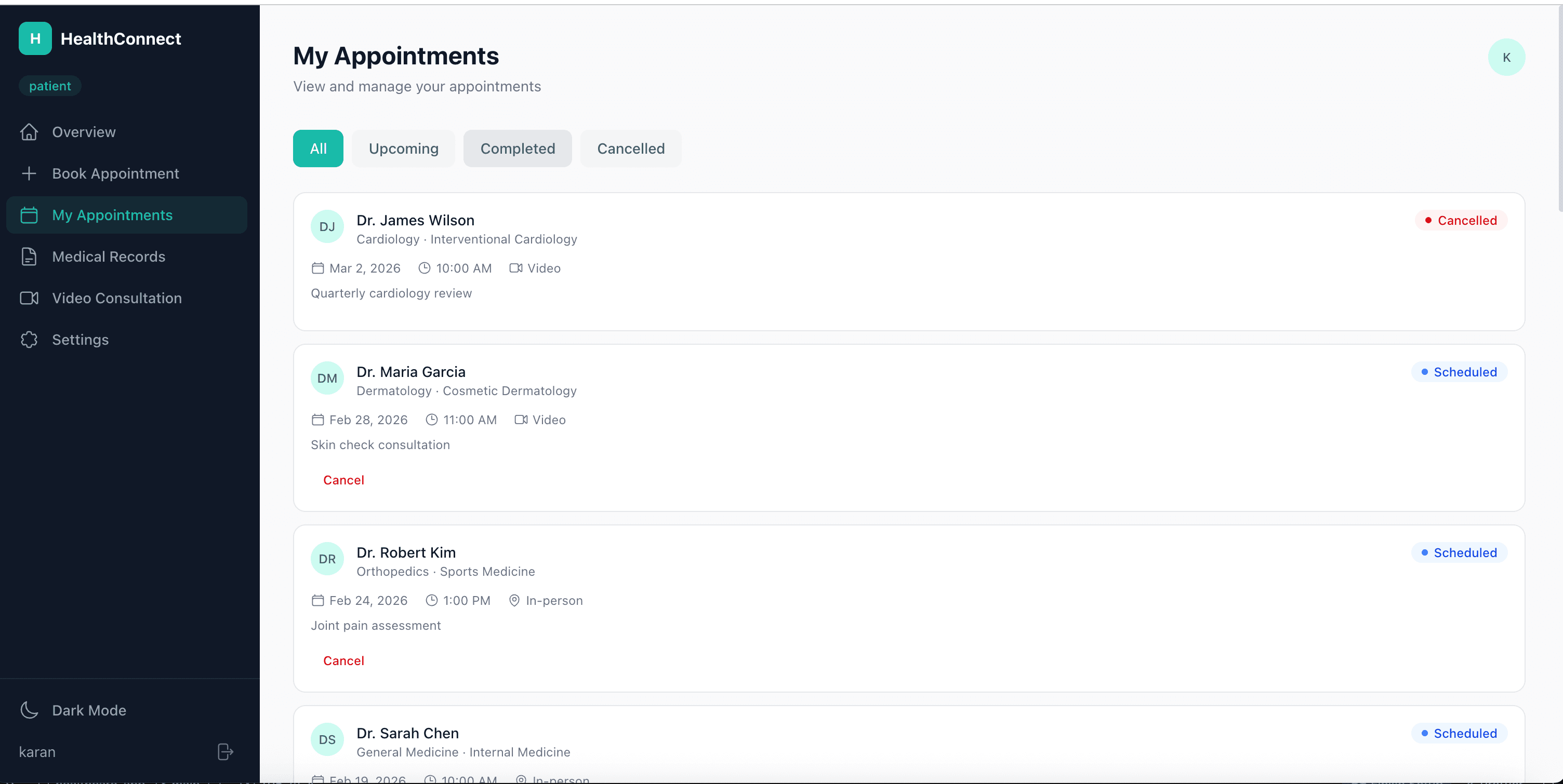 patient appointments list