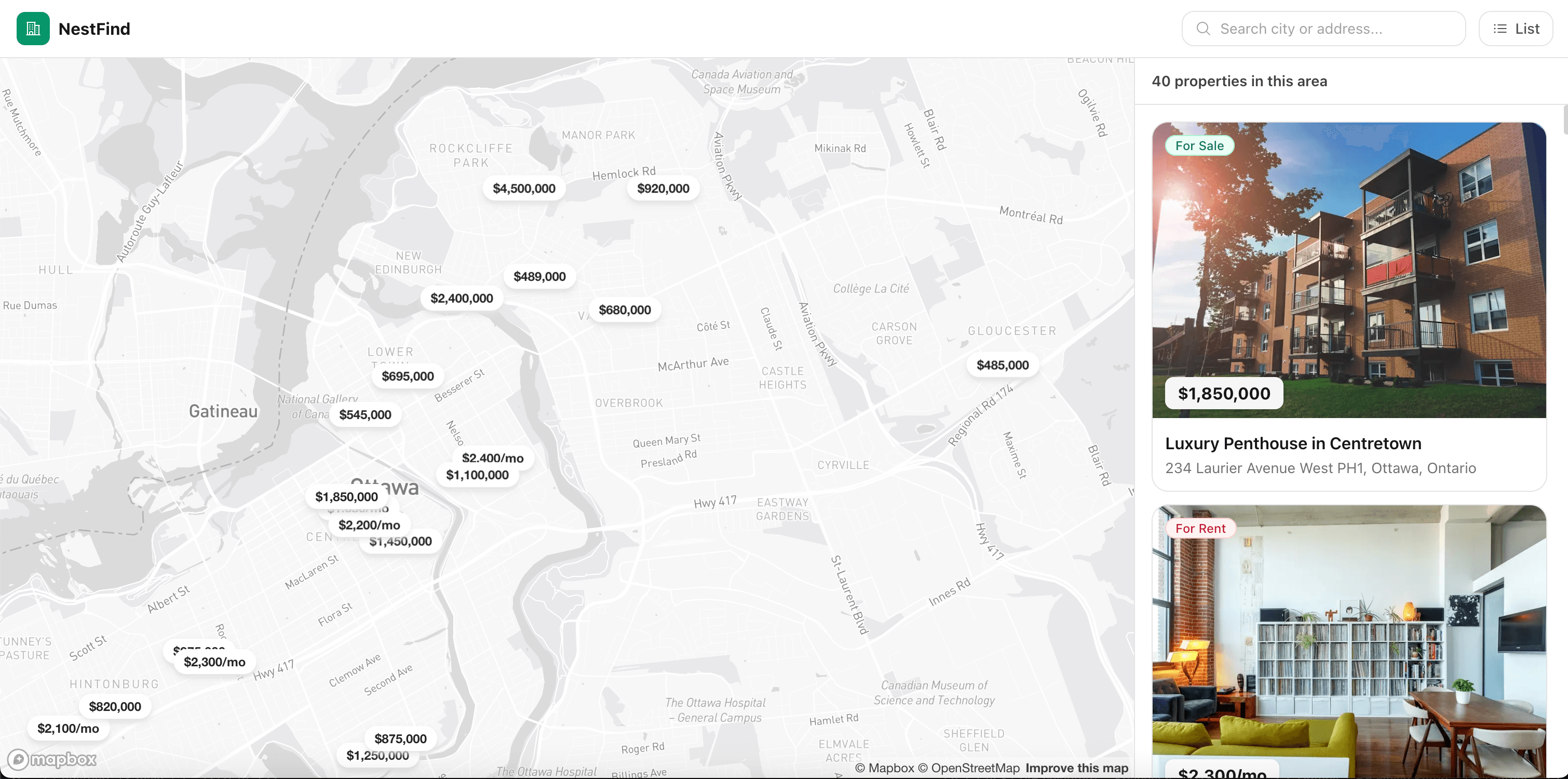map search — city zoom with price markers