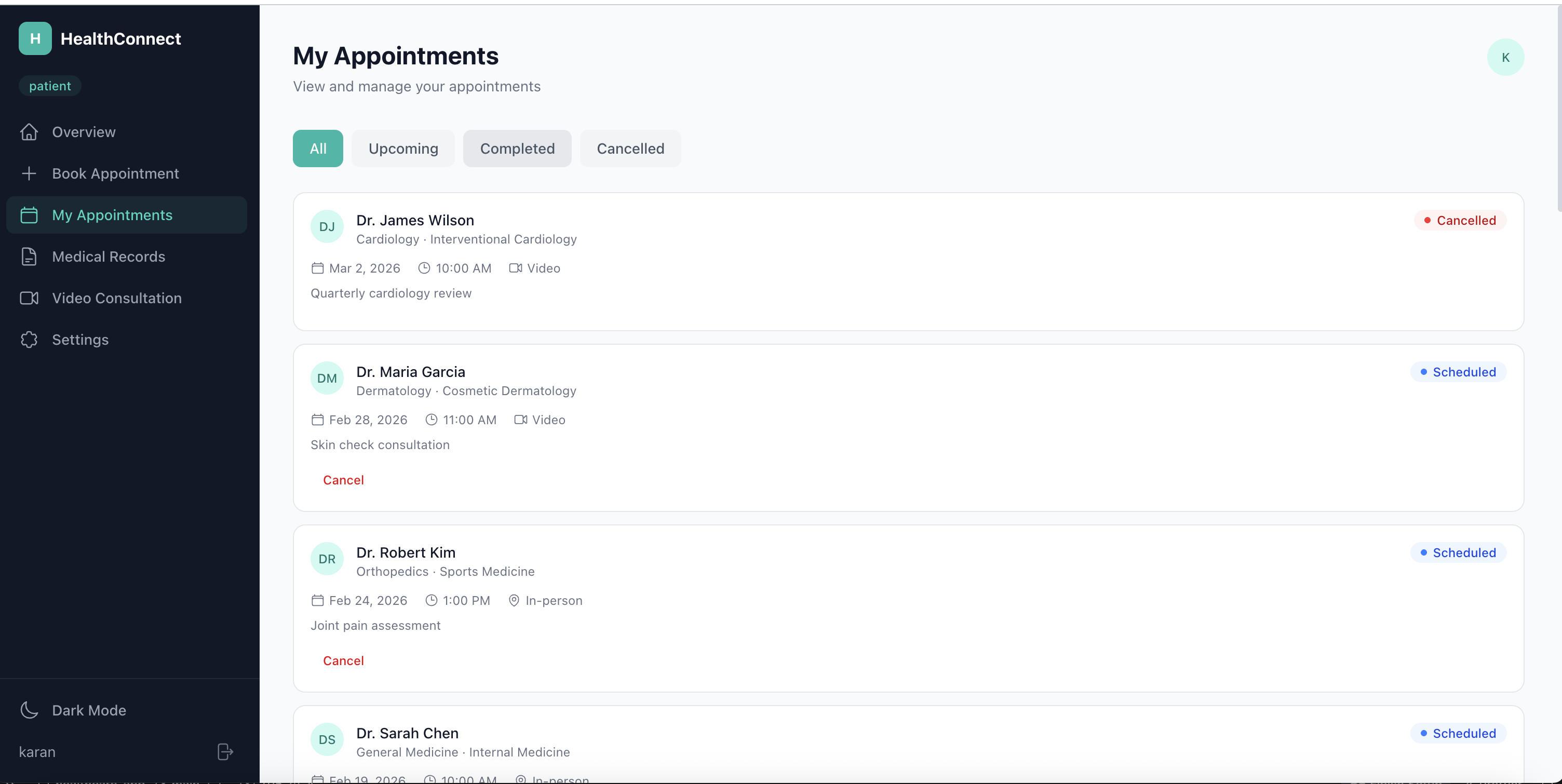 patient appointments list
