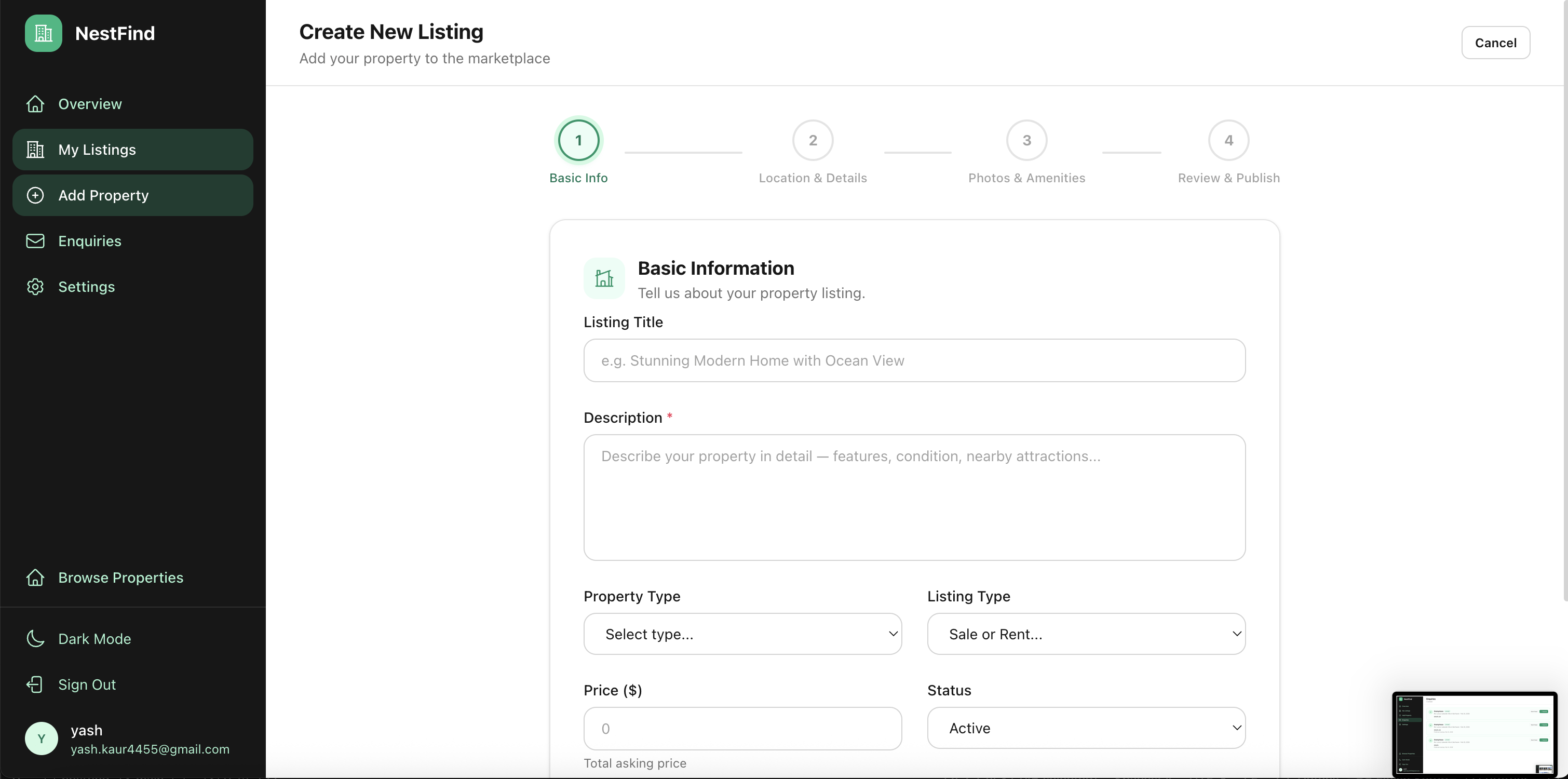 multi-step listing form